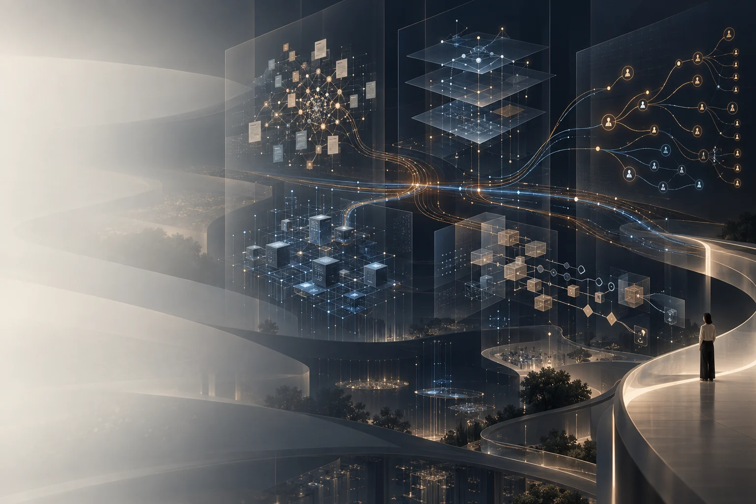 Conceptual systems world: distinct knowledge, inference, infrastructure and decision domains connect through a shared directional structure.